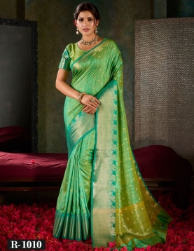 Mint Green and Emerald Silk Saree with Traditional Gold Zari Accents