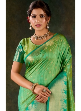 Mint Green and Emerald Silk Saree with Traditional Gold Zari Accents