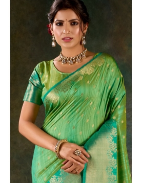 Mint Green and Emerald Silk Saree with Traditional Gold Zari Accents