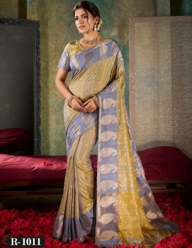 Elegant Olive & Slate Blue Banarasi Silk Saree