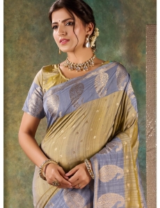 Elegant Olive & Slate Blue Banarasi Silk Saree