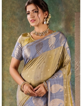 Elegant Olive & Slate Blue Banarasi Silk Saree