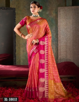 Vibrant Pink &amp; Peach Dual-Tone Banarasi Saree