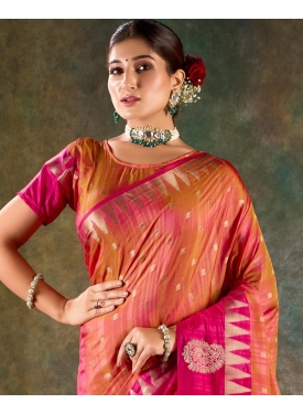 Vibrant Pink & Peach Dual-Tone Banarasi Saree