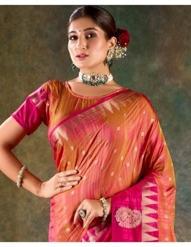 Vibrant Pink &amp; Peach Dual-Tone Banarasi Saree