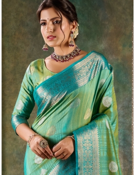 Radiant Teal &amp; Lime Green Banarasi Saree