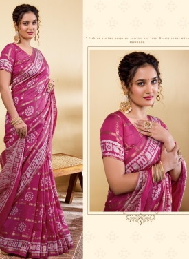Elegant Rani Pink Soft Viscose Saree with Contemporary Geometric & Floral Prints