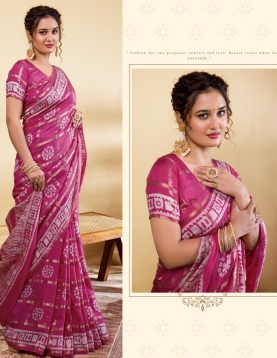 Elegant Rani Pink Soft Viscose Saree with Contemporary Geometric &amp; Floral Prints