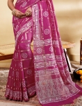 Elegant Rani Pink Soft Viscose Saree with Contemporary Geometric & Floral Prints