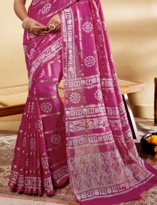 Elegant Rani Pink Soft Viscose Saree with Contemporary Geometric & Floral Prints