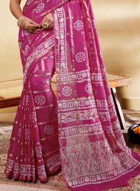 Elegant Rani Pink Soft Viscose Saree with Contemporary Geometric & Floral Prints