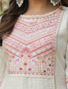 Elegance in Ivory: Pure Cotton Hakoba & Chikan Work Suit Set