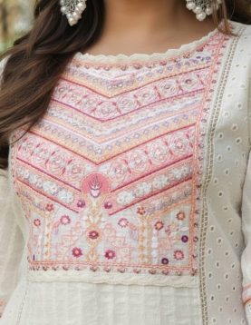 Elegance in Ivory: Pure Cotton Hakoba &amp; Chikan Work Suit Set