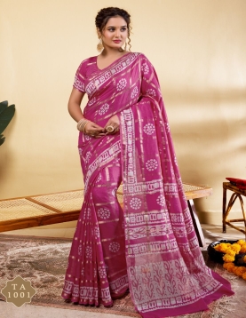 Elegant Rani Pink Soft Viscose Saree with Contemporary Geometric &amp; Floral Prints
