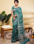 Sophisticated Teal Blue Soft Viscose Saree with Geometric Prints & Gold Accents
