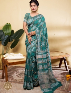 Sophisticated Teal Blue Soft Viscose Saree with Geometric Prints & Gold Accents