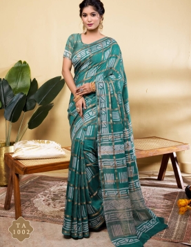 Sophisticated Teal Blue Soft Viscose Saree with Geometric Prints &amp; Gold Accents