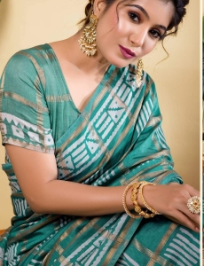 Sophisticated Teal Blue Soft Viscose Saree with Geometric Prints & Gold Accents