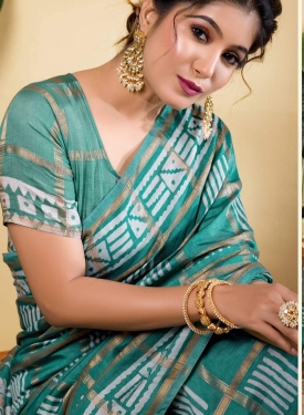 Sophisticated Teal Blue Soft Viscose Saree with Geometric Prints & Gold Accents