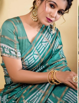 Sophisticated Teal Blue Soft Viscose Saree with Geometric Prints &amp; Gold Accents
