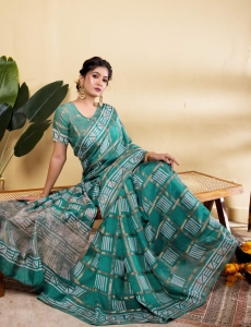 Sophisticated Teal Blue Soft Viscose Saree with Geometric Prints & Gold Accents