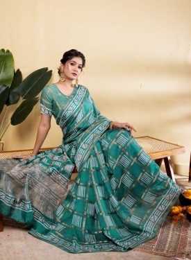 Sophisticated Teal Blue Soft Viscose Saree with Geometric Prints & Gold Accents