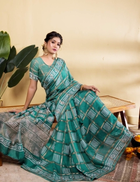 Sophisticated Teal Blue Soft Viscose Saree with Geometric Prints &amp; Gold Accents