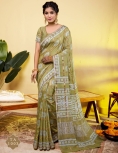 Serene Olive Green Soft Viscose Saree with Floral Mandalas & Geometric Borders