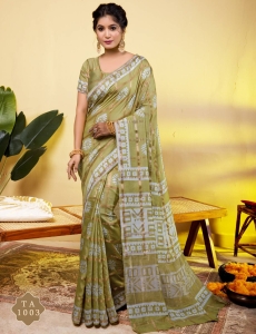 Serene Olive Green Soft Viscose Saree with Floral Mandalas & Geometric Borders