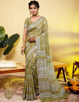 Serene Olive Green Soft Viscose Saree with Floral Mandalas &amp; Geometric Borders