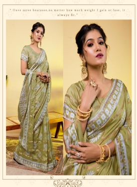 Serene Olive Green Soft Viscose Saree with Floral Mandalas & Geometric Borders