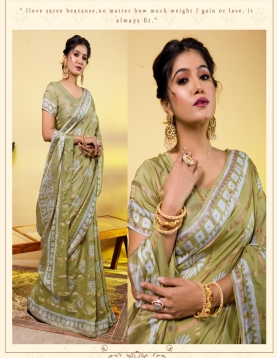 Serene Olive Green Soft Viscose Saree with Floral Mandalas &amp; Geometric Borders
