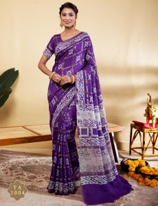Exquisite Royal Purple Soft Viscose Saree with Geometric Batik Prints