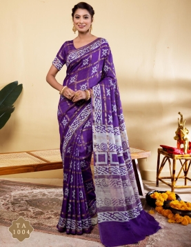 Exquisite Royal Purple Soft Viscose Saree with Geometric Batik Prints