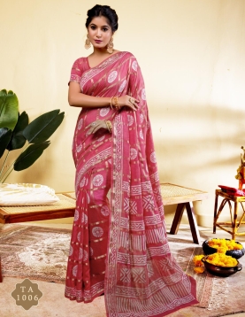 Elegant Rose Pink Block Print Saree