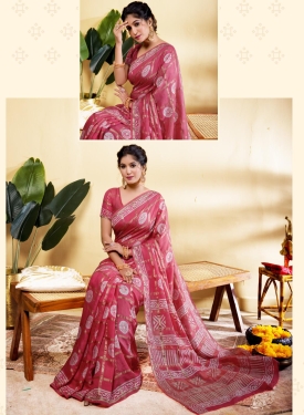 Elegant Rose Pink Block Print Saree