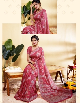 Elegant Rose Pink Block Print Saree
