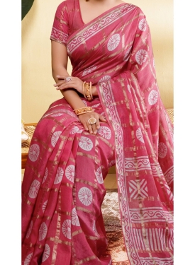 Elegant Rose Pink Block Print Saree