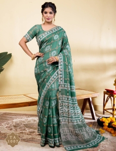 Exquisite Emerald Green Block Print Saree