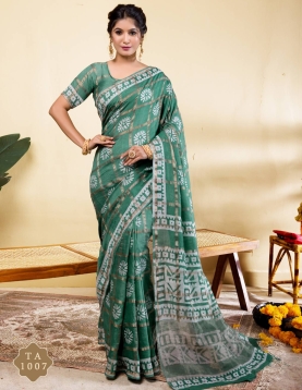 Exquisite Emerald Green Block Print Saree