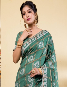 Exquisite Emerald Green Block Print Saree