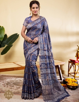 Slate Blue Geometric Print Soft Viscose Saree