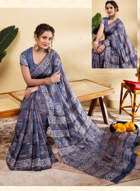 Slate Blue Geometric Print Soft Viscose Saree