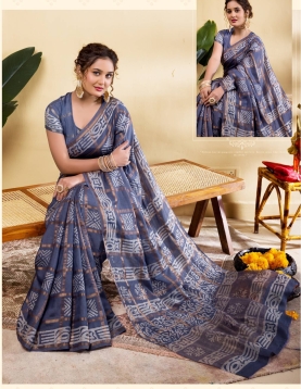 Slate Blue Geometric Print Soft Viscose Saree
