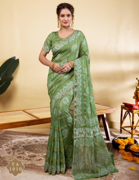 Sage Green Botanical Print Soft Viscose Saree