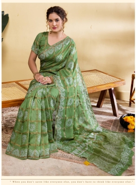 Sage Green Botanical Print Soft Viscose Saree
