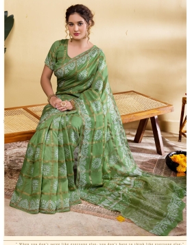 Sage Green Botanical Print Soft Viscose Saree