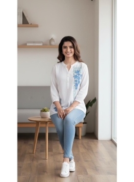 Elegant White Rayon Embroidered Tunic