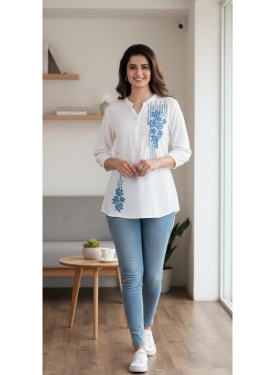 Elegant White Rayon Embroidered Tunic