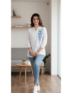 Elegant White Rayon Embroidered Tunic